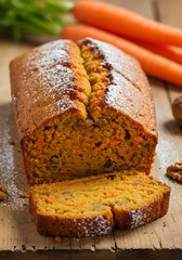 Carrot cake with fresh carrots overhead view
