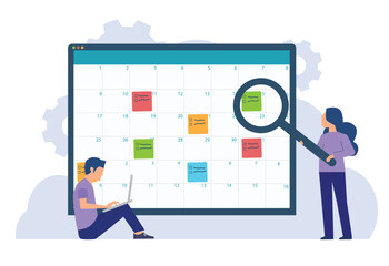 Business planning concept and Business people team working management project schedule with digital online calendar
