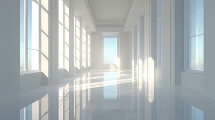 Obraz premium Bright architectural corridor bathed in natural sunlight with reflections