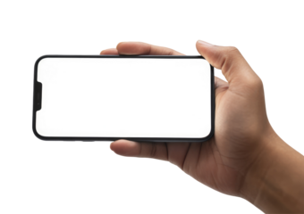 hand holding a smartphone in landscape mode with a blank screen for mockup isolated on transparent white background 