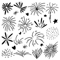 Hand-Drawn Abstract Fireworks and Celebration Bursts Collection Isolated
