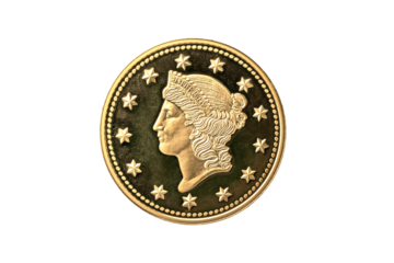 USA one dollar gold coin replica with the Liberty Head on the obverse front and the date of 1849 on the reverse back png file cut out and isolated on a transparent background, American stock photo