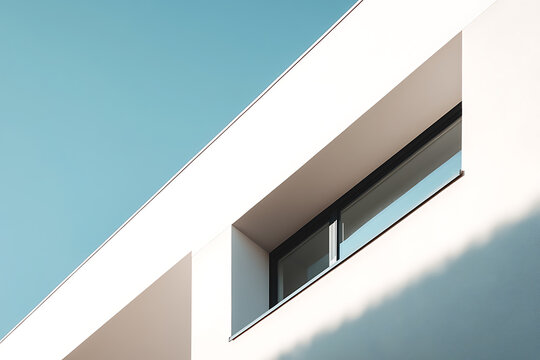 Modern minimalist architecture featuring white building facade with a window, contrasting with the clear blue sky. Geometric shadows add visual interest.