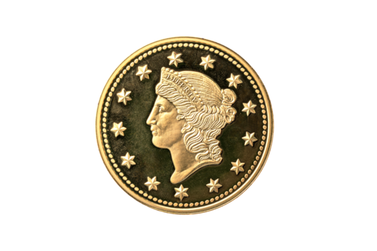 USA one dollar gold coin replica with the Liberty Head on the obverse front and the date of 1849 on the reverse back png file cut out and isolated on a transparent background, American stock photo
