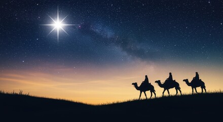 Three Wise Men Silhouetted on Camels Under a Starry Night Sky nativity biblical