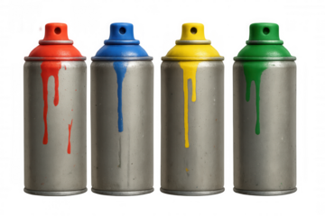 Spray paint cans displaying vibrant dripping colors of red, blue, yellow, and green, symbolizing creativity and street art