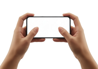Hands holding a smartphone horizontally with blank screen for mockup isolated on transparent white background 
