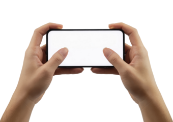 Hands holding a smartphone horizontally with blank screen for mockup isolated on transparent white background 
