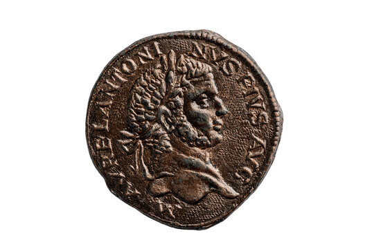 Roman Sestertius coin replica of the Roman Emperor Caracalla 188 AD-217 AD portrait obverse png file cut out and isolated on a transparent background, ancient coinage collecting stock photo