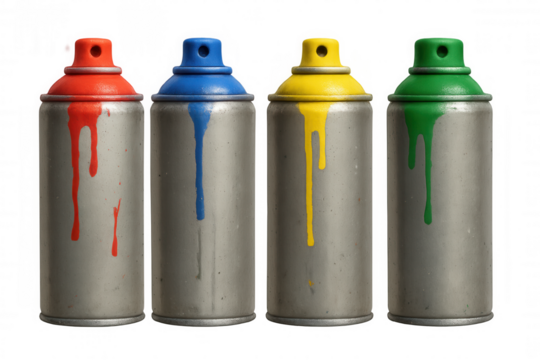 Spray paint cans displaying vibrant dripping colors of red, blue, yellow, and green, symbolizing creativity and street art