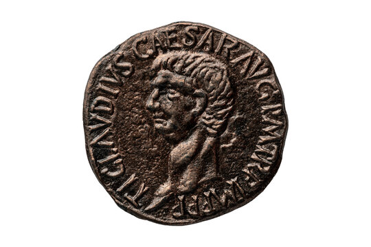 Roman coin replica of the Roman Emperor Claudius AD 10-54 portrait obverse png file cut out and isolated on a transparent background, ancient coinage collecting stock photo