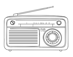 Minimalist line art of a vintage radio with dials and speaker grill