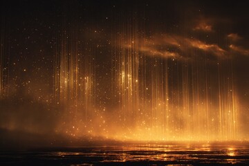 Abstract golden landscape shows vertical light beams piercing a misty, cloudy sky