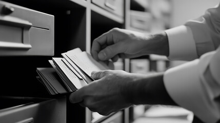 Filing System: Hands carefully manage a stack of punched cards, accessing information from an old-fashioned filing cabinet in a monochromatic setting.