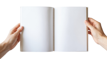 
Hands holding an open blank book or brochure for mockup isolated on transparent white background 
