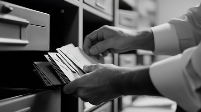 Filing System: Hands carefully manage a stack of punched cards, accessing information from an old-fashioned filing cabinet in a monochromatic setting.