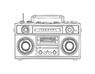 Minimalist one-line drawing of a vintage boombox with cassette deck and dual speakers