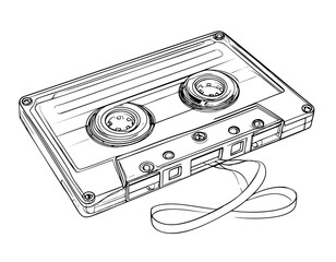 Minimalist one-line drawing of a vintage audio cassette with visible spools and tape line
