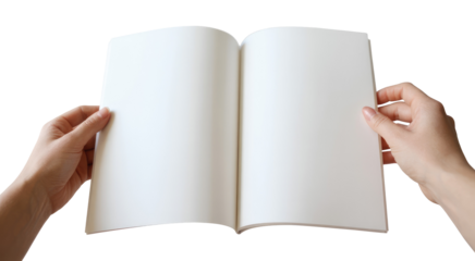 
Hands holding an open blank book or brochure for mockup isolated on transparent white background 
