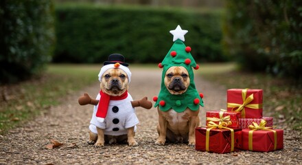 Two French Bulldogs Dressed in Christmas Costumes with Gifts puppy