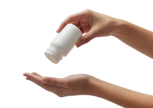
Hands pouring medicine from a blank white bottle into an open palm isolated on transparent white background 