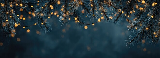 Evergreen branches adorned with glowing lights against a blurred, teal background