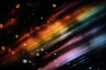 Abstract background of diagonal light streaks in warm and cool colors with soft bokeh orbs
