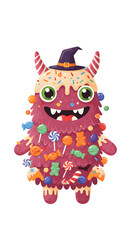 Naklejka premium Cute cartoon candy monster with a witch hat, covered in colorful sweets and sprinkles, smiling happily.