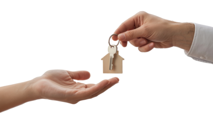 Real estate agent's hand giving house keys to a new homeowner isolated on transparent white background 
