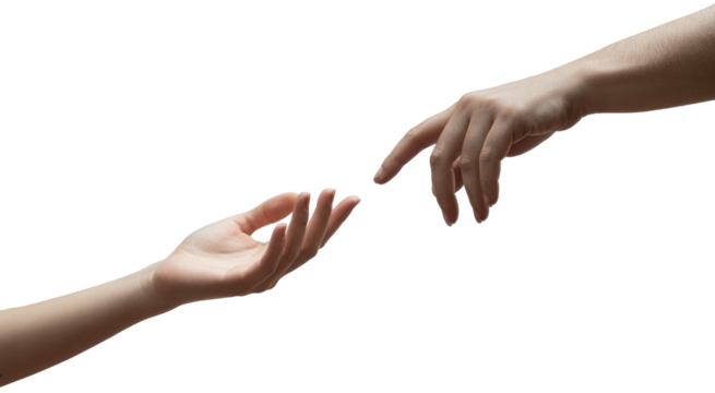 Two hands reaching for each other in a gesture isolated on transparent white background 
