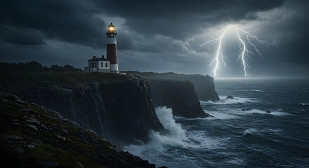 A dramatic photo of a lighthouse standing strong on a steep cliff during a lightning storm over a turbulent sea