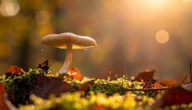 A single mushroom is backlit by the sun's warm rays, growing amidst vibrant green moss and fallen autumn leaves. Bokeh highlights enhance depth