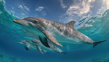 Fototapeta premium Underwater shot of two sleek, grey marine mammals swimming, sunlight filtering through water