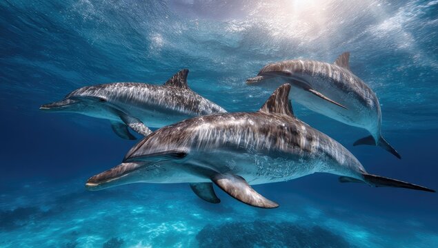 Underwater view showcasing three dolphins swimming gracefully under sunlit ocean surface