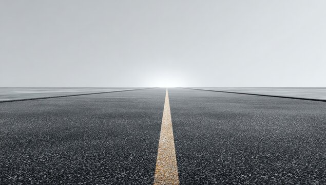 A perspective shot showcasing a smooth asphalt road with a centerline vanishing to a bright horizon - Powered by Adobe