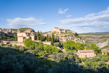 Fototapeta premium This landscape photo was taken in Europe, Spain, Aragon, Alquezar, in summer. It shows the view of the old town of Alquezar, under the Sun.