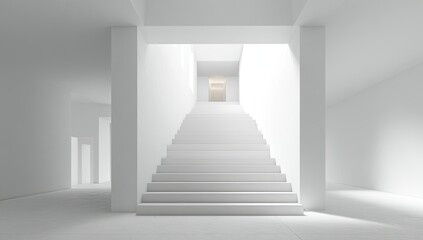 Fototapeta premium Interior perspective of a stark white hallway with a central staircase leading upwards