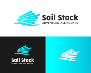 Sail Stack Logo with Stylized Sailboat and Wave for travel business.
