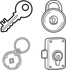 Collection of keys and locks icons security symbols graphic line art illustration for children's simple coloring book