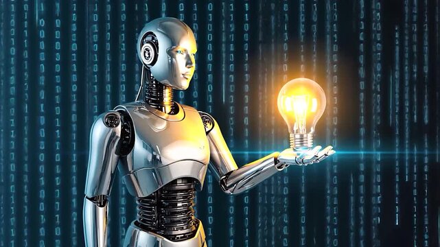 Robot holding lightbulb innovation