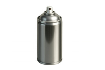Silver spray can with nozzle for graffiti, aerosol paint, or industrial use, transparent background