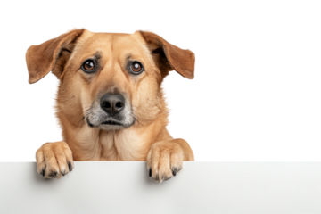 A curious dog peeking over a white surface, showcasing its friendly expression and playful demeanor.