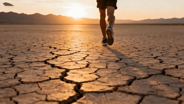 Person running on cracked earth at sunset