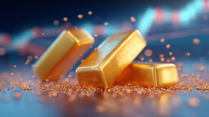 Glänzende Goldbarren mit Konfetti auf blauem Hintergrund symbolisieren Reichtum und Wohlstand