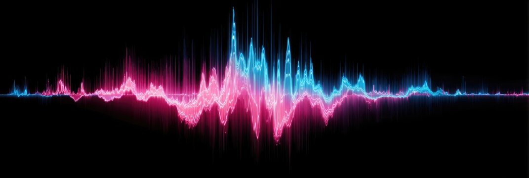 An abstract audio visualizer, a pink and blue waveform pulsating against a black background