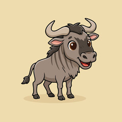Cartoon wildebeest character illustration African wild animal design for children books.