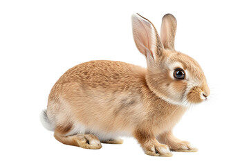 Obraz premium A cute brown rabbit sitting on a white background, showcasing its soft fur and attentive expression, perfect for animal lovers.