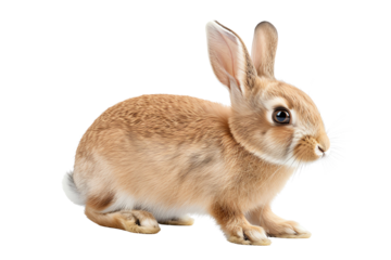 A cute brown rabbit sitting on a white background, showcasing its soft fur and attentive expression, perfect for animal lovers.