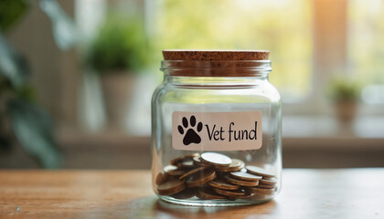 Glass Jar with Coins Labeled Vet Fund for Pet Care Savings, Financial Planning Blogs, Animal Welfare Websites, and Veterinary Expense Management Resources