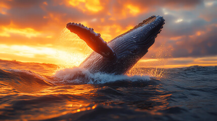 Whale jumping out of the water at sunset